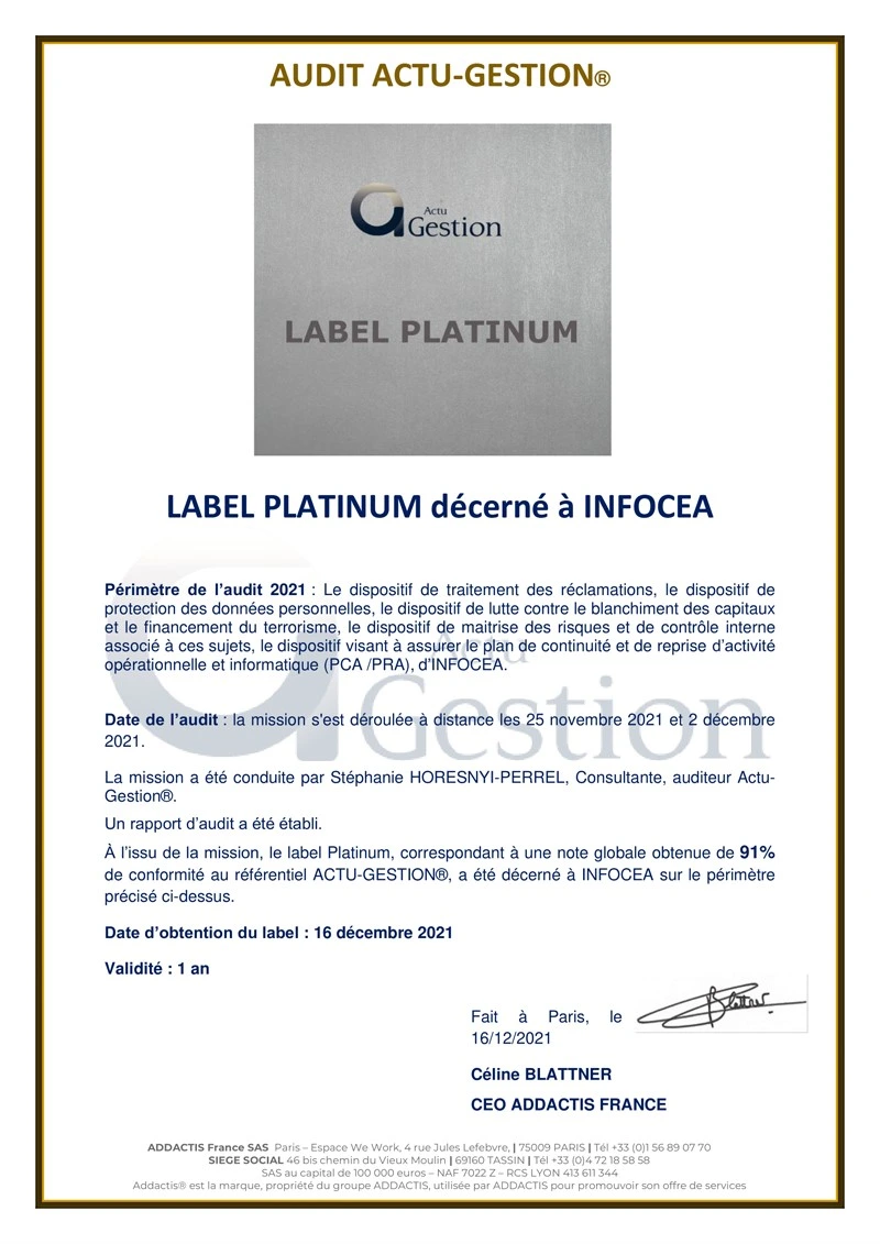 Label platinum décerné à infocea